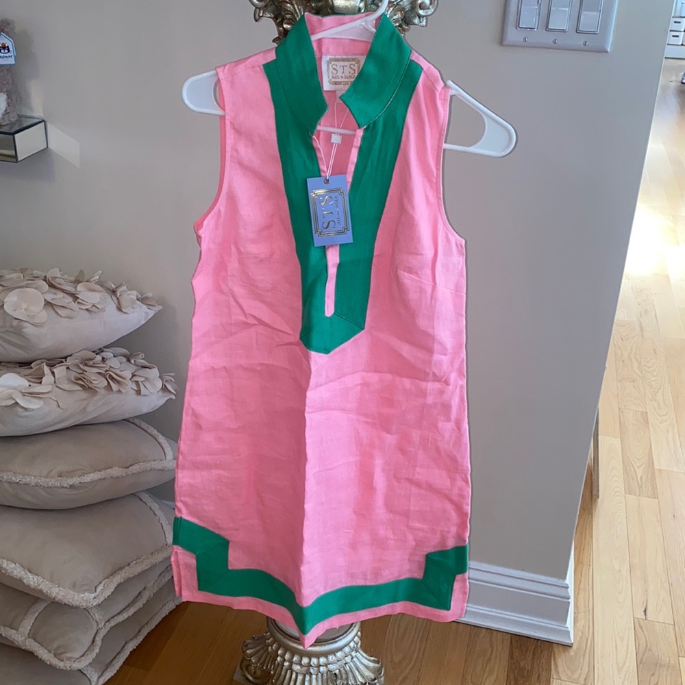 NWT Sail to Sable STS preppy linen shift dress pink & green size small 💖💚💖